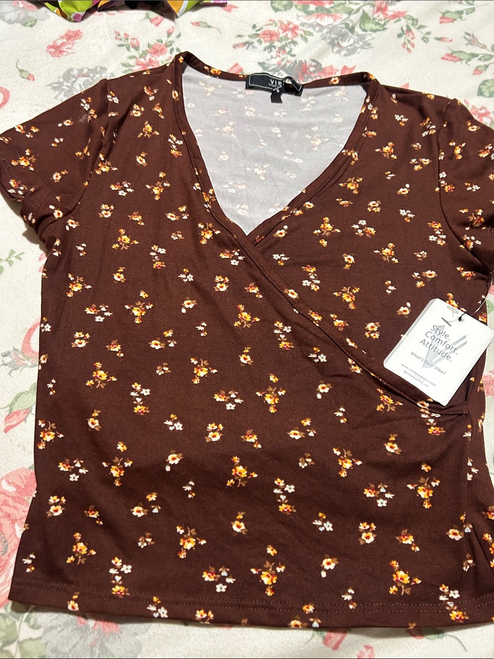 Vibe Brown Floral Wrap-Style Short Sleeve Top